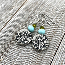 Load image into Gallery viewer, Garden Earrings, Olivine Swarovski Crystals, Turquoise Crystals, TierraCast, Antique Silver, Surgical Steel Ear Wires, For Women, Mom, Gift
