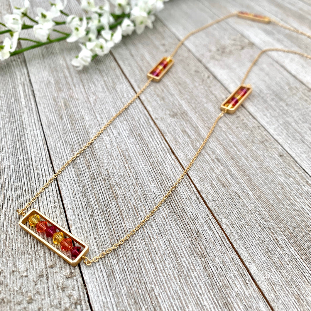 Fuchsia, Padparadscha, and Light Topaz, Matte Gold Frame, Long Necklace