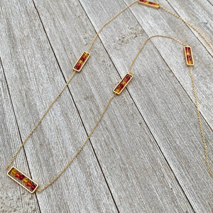Fuchsia, Padparadscha, and Light Topaz, Matte Gold Frame, Long Necklace