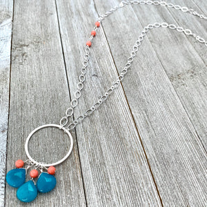 Teal Quartz Teardrops, Pink Coral, Long Necklace, Silver Plated Chain, Bead Cluster, Brushed Silver Hoop, Gift for Friend