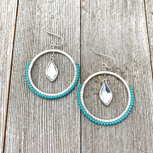 Turquoise Seed Bead Hoop Earrings, Crystal Flame Charm, Silver Filled Ear Wires, Boho Earrings, Wire Wrapped, Gift for Friend, Earring Lover