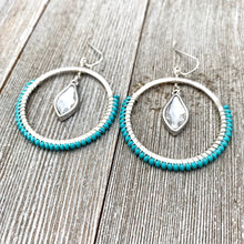 Load image into Gallery viewer, Turquoise Seed Bead Hoop Earrings, Crystal Flame Charm, Silver Filled Ear Wires, Boho Earrings, Wire Wrapped, Gift for Friend, Earring Lover
