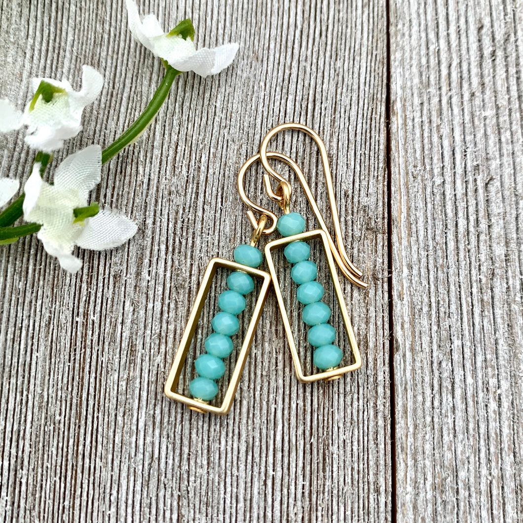 Turquoise Crystal, Matte Gold Frame, Earrings, 14K Gold-Filled Ear Wires