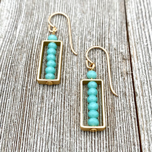 Turquoise Crystal, Matte Gold Frame, Earrings, 14K Gold-Filled Ear Wires