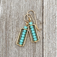 Load image into Gallery viewer, Turquoise Crystal, Matte Gold Frame, Earrings, 14K Gold-Filled Ear Wires
