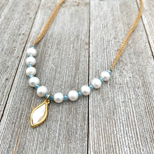 Load image into Gallery viewer, White FWP, Lt Blue Tiny Crystals, Gold Swarovski Flame Charm, Necklace
