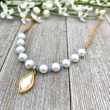 Load image into Gallery viewer, White FWP, Lt Blue Tiny Crystals, Gold Swarovski Flame Charm, Necklace
