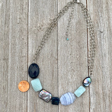Load image into Gallery viewer, Gemstone Necklace, Freshwater Pearls, Amazonite, Blue Lace Agate, Apatite, Antique Silver Chain
