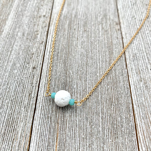 White Lava Diffuser Necklace, Turquoise Crystals, Matte Gold Chain