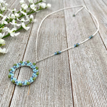 Load image into Gallery viewer, Blue and Green Wire Wrapped Circle Pendant, Asymmetrical Accent Beads, Silver Plated, Adjustable Necklace
