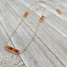 Load image into Gallery viewer, Fuchsia, Padparadscha, and Light Topaz, Matte Gold Frame, Long Necklace
