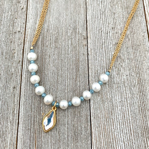 White FWP, Lt Blue Tiny Crystals, Gold Swarovski Flame Charm, Necklace