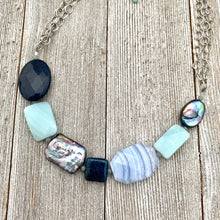 Load image into Gallery viewer, Gemstone Necklace, Freshwater Pearls, Amazonite, Blue Lace Agate, Apatite, Antique Silver Chain
