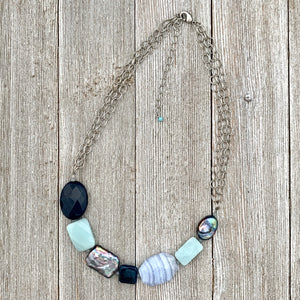 Gemstone Necklace, Freshwater Pearls, Amazonite, Blue Lace Agate, Apatite, Antique Silver Chain