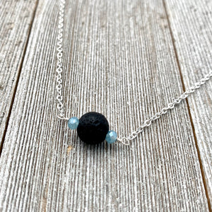 Black Lava Diffuser Necklace, Misty Blue Crystals, Silver Chain
