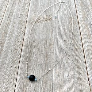 Black Lava Diffuser Necklace, Misty Blue Crystals, Silver Chain