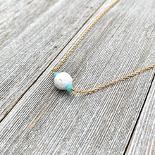 Load image into Gallery viewer, White Lava Diffuser Necklace, Turquoise Crystals, Matte Gold Chain

