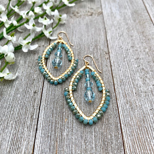 Wire Wrapped Crystal Earrings, Turquoise, Light Azore, Brushed Gold Frame, Gold Filled Ear Wires