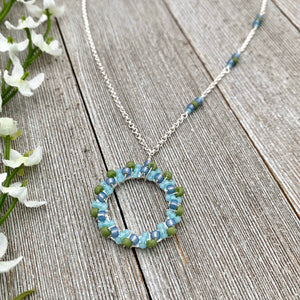 Blue and Green Wire Wrapped Circle Pendant, Asymmetrical Accent Beads, Silver Plated, Adjustable Necklace