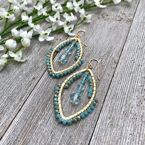 Wire Wrapped Crystal Earrings, Turquoise, Light Azore, Brushed Gold Frame, Gold Filled Ear Wires