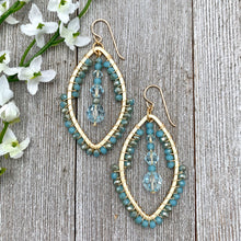 Load image into Gallery viewer, Wire Wrapped Crystal Earrings, Turquoise, Light Azore, Brushed Gold Frame, Gold Filled Ear Wires
