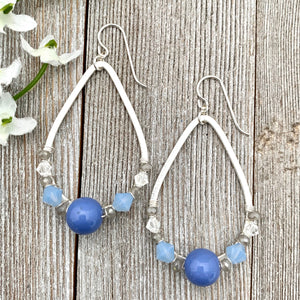 Blue and Grey Teardrop Earrings, Periwinkle Beads, Silver Filled Ear Wires
