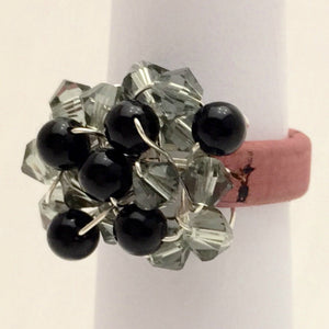 Leather Cluster Ring - Swarovski Crystals and Onyx on Leather