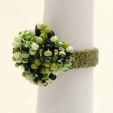 Load image into Gallery viewer, Leather Cluster Ring - Green Seed Bead Mix on Leather
