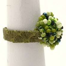 Load image into Gallery viewer, Leather Cluster Ring - Green Seed Bead Mix on Leather
