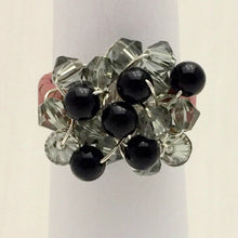 Load image into Gallery viewer, Leather Cluster Ring - Swarovski Crystals and Onyx on Leather
