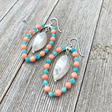 Load image into Gallery viewer, Peruvian Amazonite, Coral, White Shell, Wire Wrapped Oval Earrings, Silver Filled Ear Wires
