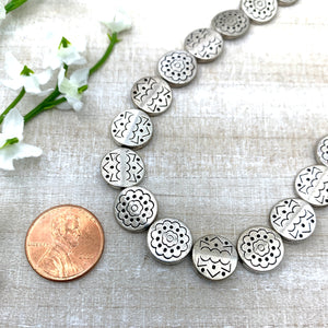 Antique Silver Flower Etched Coin Bead Strand