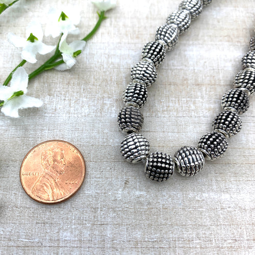 Antique Silver Dot Textured 9mm Round Bead Strand