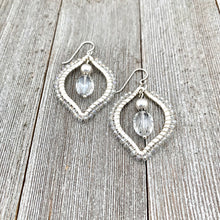 Load image into Gallery viewer, Silver Moroccan Shaped Earrings, Wire Wrapped, Clear Crystals, White Pearls, Boho, Bridal, Wedding, Formal, Party, Woman, Gift
