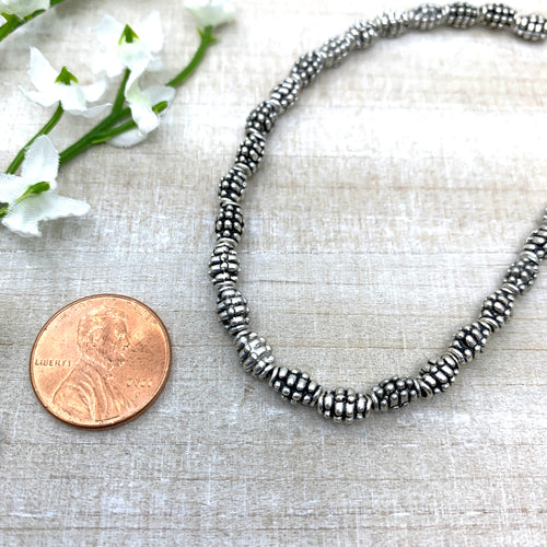 Antique Silver Dot Textured Rice Bead Strand