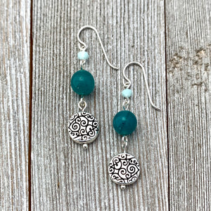 Silver Swirl, Pacific Blue, Mint Alabaster Dangle Earrings, Silver Filled Ear Wires, Gift for Women
