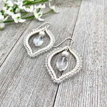 Load image into Gallery viewer, Silver Moroccan Shaped Earrings, Wire Wrapped, Clear Crystals, White Pearls, Boho, Bridal, Wedding, Formal, Party, Woman, Gift
