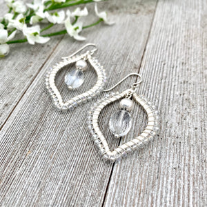 Silver Moroccan Shaped Earrings, Wire Wrapped, Clear Crystals, White Pearls, Boho, Bridal, Wedding, Formal, Party, Woman, Gift