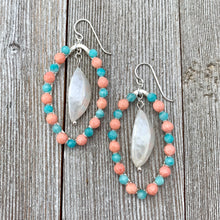 Load image into Gallery viewer, Peruvian Amazonite, Coral, White Shell, Wire Wrapped Oval Earrings, Silver Filled Ear Wires
