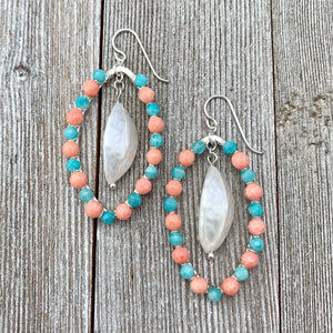Peruvian Amazonite, Coral, White Shell, Wire Wrapped Oval Earrings, Silver Filled Ear Wires