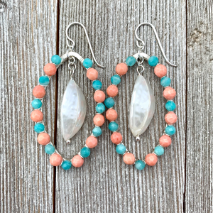 Peruvian Amazonite, Coral, White Shell, Wire Wrapped Oval Earrings, Silver Filled Ear Wires