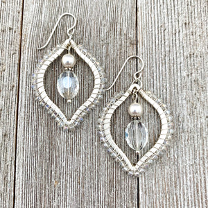 Silver Moroccan Shaped Earrings, Wire Wrapped, Clear Crystals, White Pearls, Boho, Bridal, Wedding, Formal, Party, Woman, Gift
