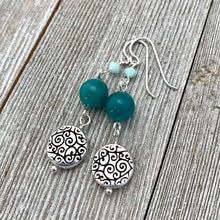 Load image into Gallery viewer, Silver Swirl, Pacific Blue, Mint Alabaster Dangle Earrings, Silver Filled Ear Wires, Gift for Women
