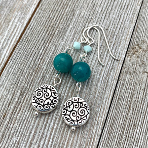 Silver Swirl, Pacific Blue, Mint Alabaster Dangle Earrings, Silver Filled Ear Wires, Gift for Women