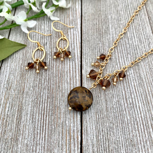 Bronzite and Crystal Necklace and Earring Set